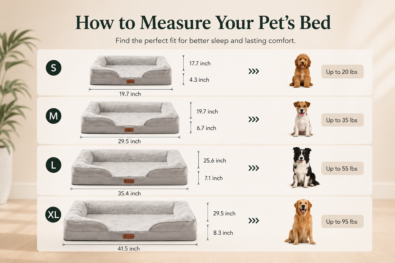 Houndly dog bed size comparison chart with S, M, L and XL dimensions